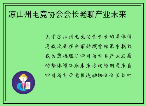 凉山州电竞协会会长畅聊产业未来